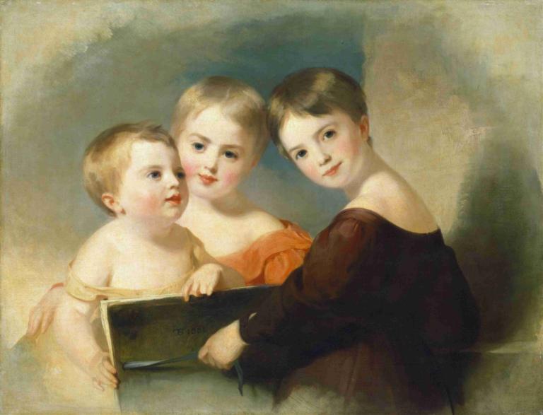 The Vanderkemp Children,范德肯普家的孩子们,Thomas Sully,托马斯-萨利,油画,油画, 美术模仿, 实际的, 金头发, 蓝眼睛, 戏仿, 多个女孩, 兄弟姐妹, 短发, 裙子