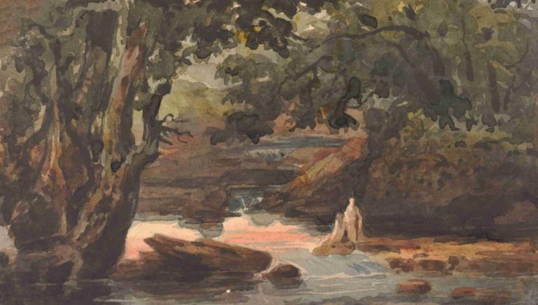 Two Figures in Stream, Bordered by Large Trees,Due figure nel ruscello, delimitato da grandi alberi