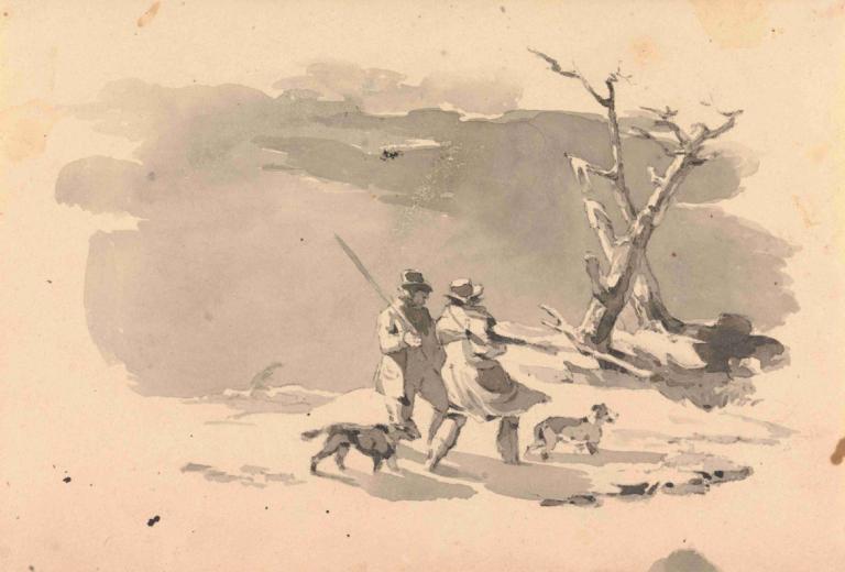 Two Hunters and Two Dogs in Winter Scene,Due cacciatori e due cani in una scena invernale,Thomas Sully