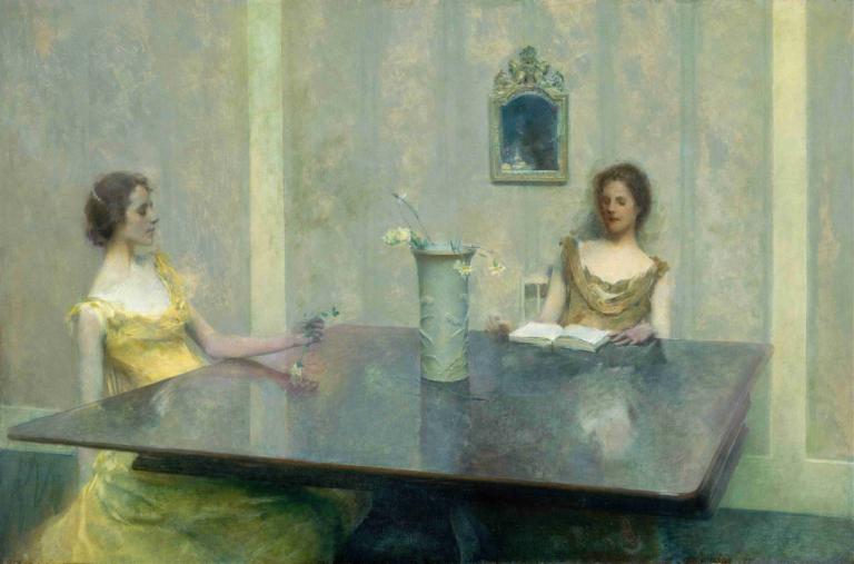 A Reading,Een lezing,Thomas Wilmer Dewing,Olieverf,Olieverf, 2 meisjes, meerdere meisjes, boek, jurk