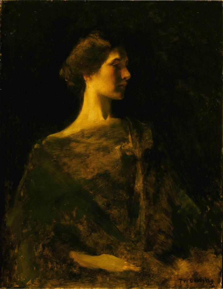 Alma,Thomas Wilmer Dewing,Oil Painting,Oil Painting, solo, 1girl, hair bun, fine art parody, single hair bun