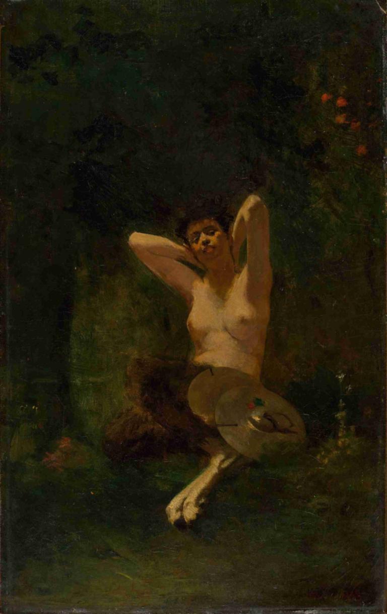 Faun,Thomas Wilmer Dewing,Oil Painting,Oil Painting, 1girl, nipples, solo, breasts, fine art parody, nude