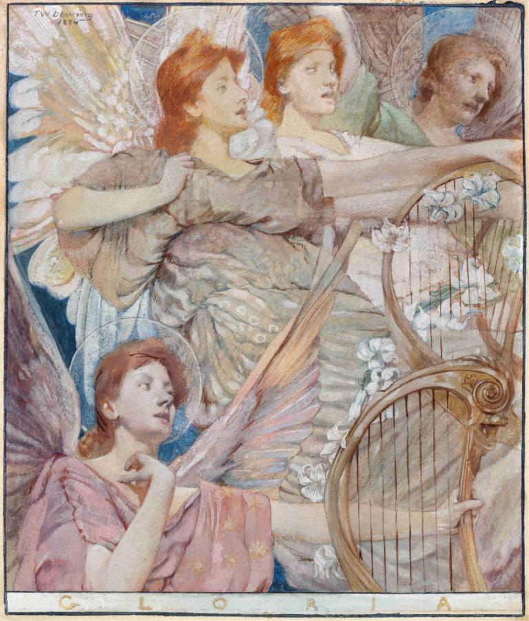 Gloria,Thomas Wilmer Dewing,Oil Painting,Oil Painting, flower, multiple girls, wings, brown hair, harp