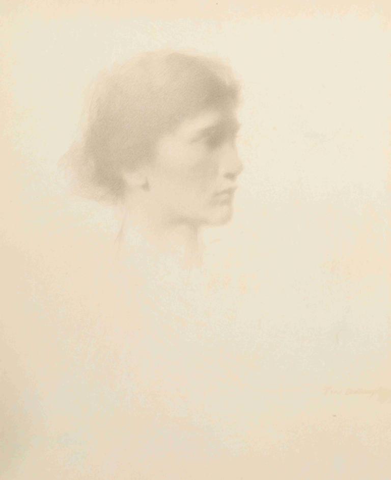 Head of a Woman,Thomas Wilmer Dewing,Sketch,Sketch, solo, 1boy, male focus, monochrome, profile, upper body