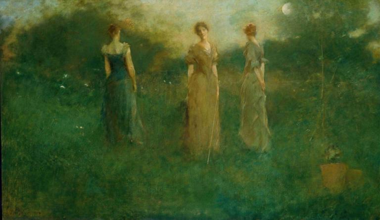 In the Garden,Thomas Wilmer Dewing,Oil Painting,Oil Painting, multiple girls, 2girls, dress, moon, black hair