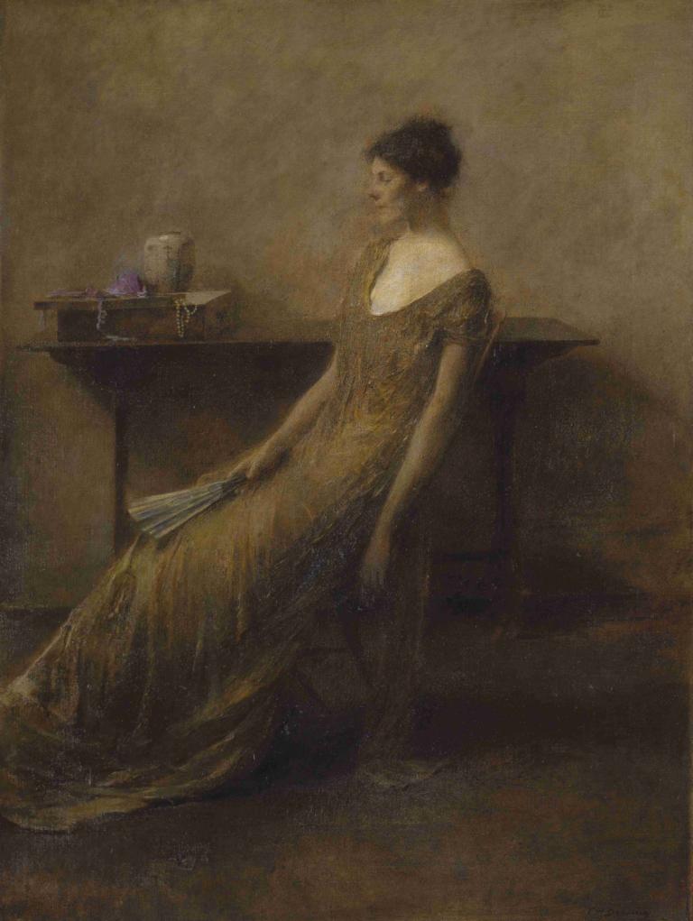 Lady in Gold,Thomas Wilmer Dewing,Oil Painting,Oil Painting, solo, dress, black hair, fine art parody, 1girl