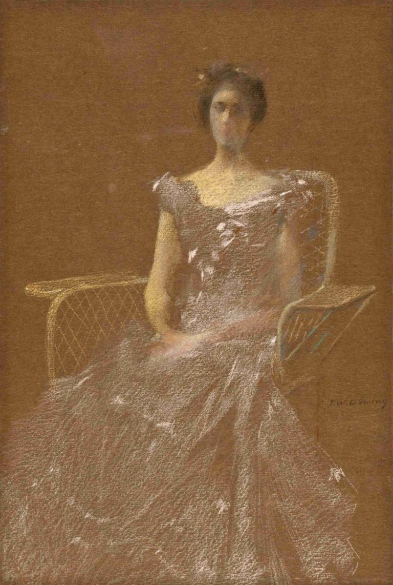 Lady in Rattan Armchair,Thomas Wilmer Dewing,Oil Painting,Oil Painting, solo, 1girl, dress, chair