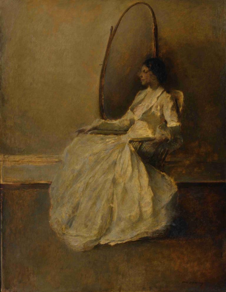 Lady in White (No. 1),Thomas Wilmer Dewing,Oil Painting,Oil Painting, 1girl, solo, fine art parody, dress