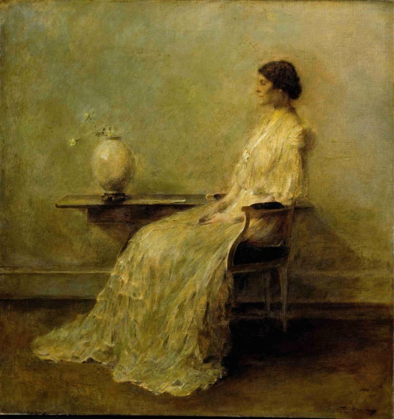 Lady in White (No. 2),Thomas Wilmer Dewing,Oil Painting,Oil Painting, 1girl, solo, sitting, dress