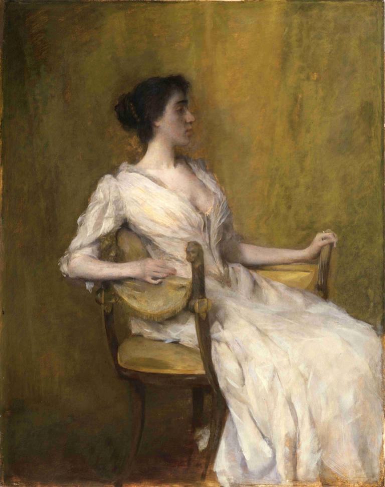 Lady in White,레이디 인 화이트,Thomas Wilmer Dewing,토마스 윌머 듀잉,오일 페인팅,오일 페인팅, 여자 1명, 미술 패러디, 독주, 현실적인, 좌석, 드레스, 의자