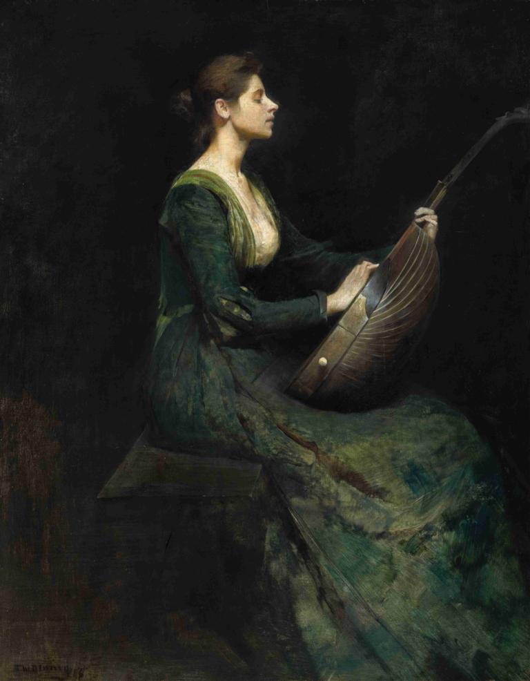 Lady with a Lute,Thomas Wilmer Dewing,Oil Painting,Oil Painting, 1girl, solo, dress, sitting, instrument