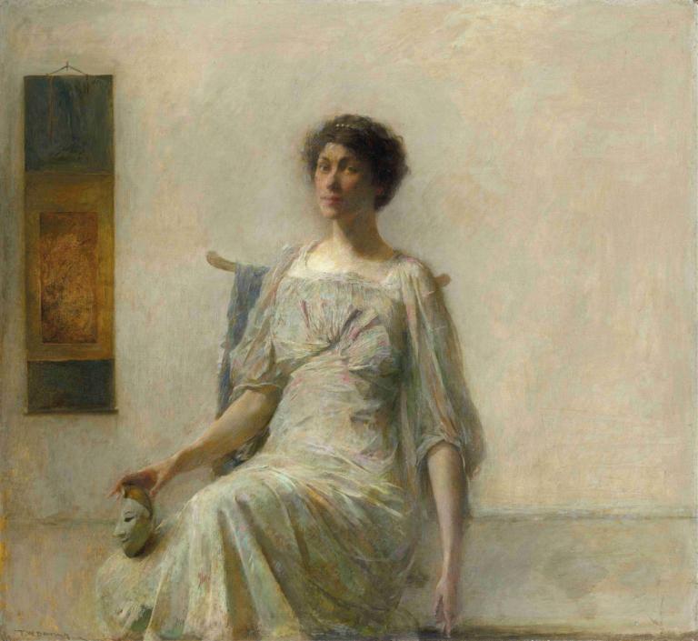 Lady with a Mask,Dama z masko,Thomas Wilmer Dewing,Oljna slika,Oljna slika, 1 dekle, likovna parodija, solo