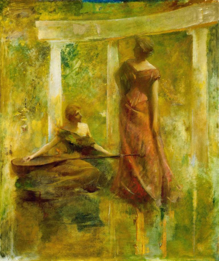 Music,Thomas Wilmer Dewing,Oil Painting,Oil Painting, 2girls, multiple girls, dress, painting (medium)