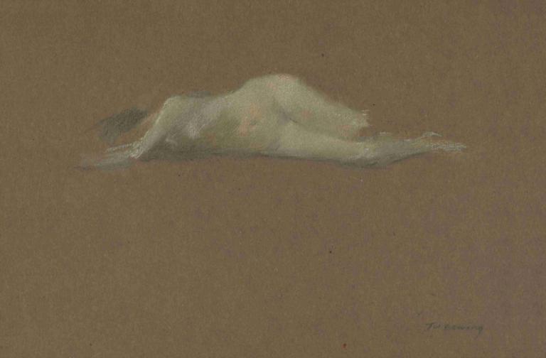 Nude Woman on Her Side,Naga kobieta na boku,Thomas Wilmer Dewing,Obraz olejny,Obraz olejny, brązowe tło