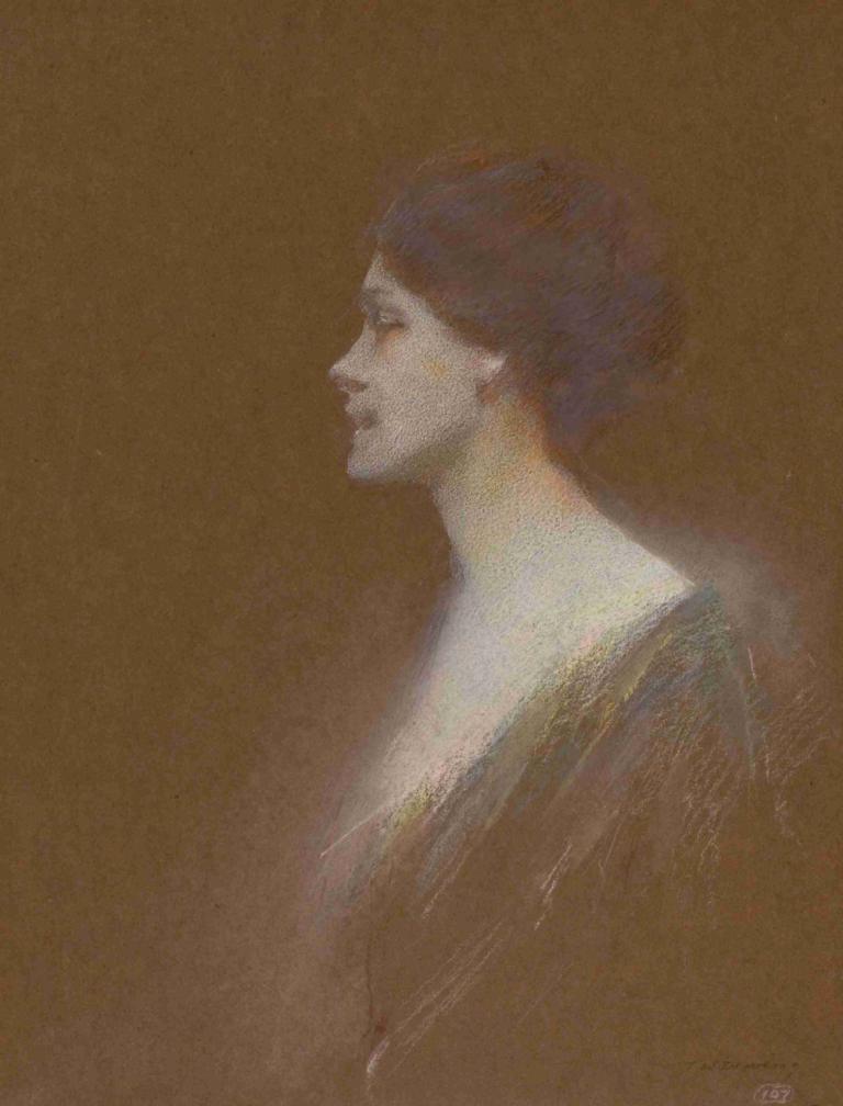 Portrait of a Woman,Portret ženske,Thomas Wilmer Dewing,Oljna slika,Oljna slika, solo, profil, rjavo ozadje