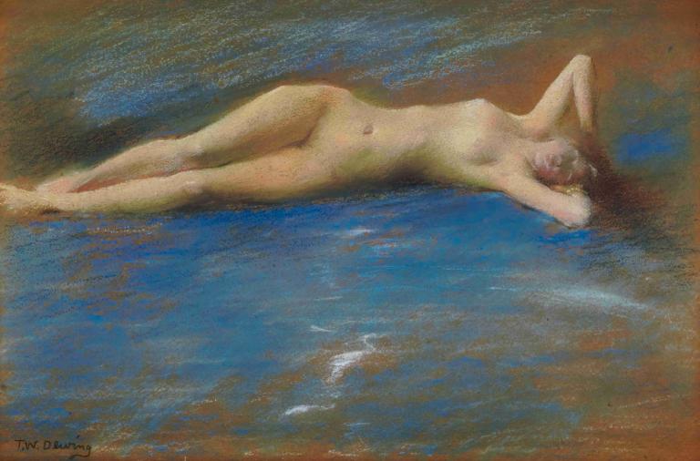 Reclining Nude Figure of a Girl,Liggend naakt van een meisje,Thomas Wilmer Dewing,Olieverf,Olieverf, 1meisje