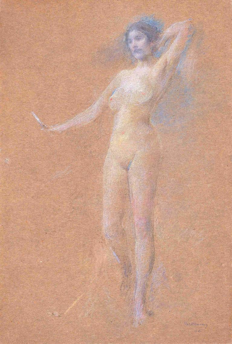 Standing Nude Figure of a Girl,Thomas Wilmer Dewing,Oil Painting,Oil Painting, 1girl, solo, nipples, breasts