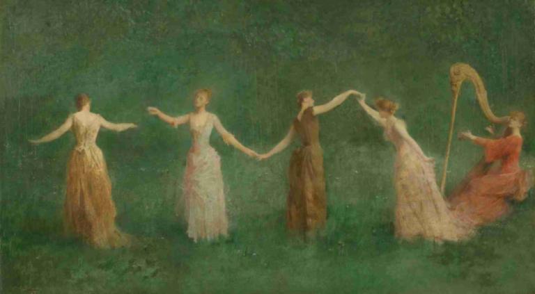 Summer,ブザー,Thomas Wilmer Dewing,トーマス・ウィルマー・デューイング,油絵,油絵, 複数の女の子, ドレス, ダンシング, スタッフ, 手をつないで, 白いドレス, 茶髪, 美術パロディ