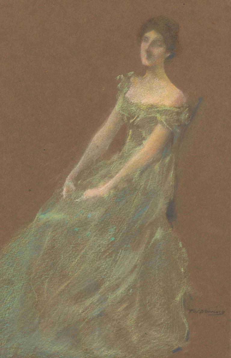 The Green Dress,Zelena obleka,Thomas Wilmer Dewing,Oljna slika,Oljna slika, 1 dekle, solo, obleka