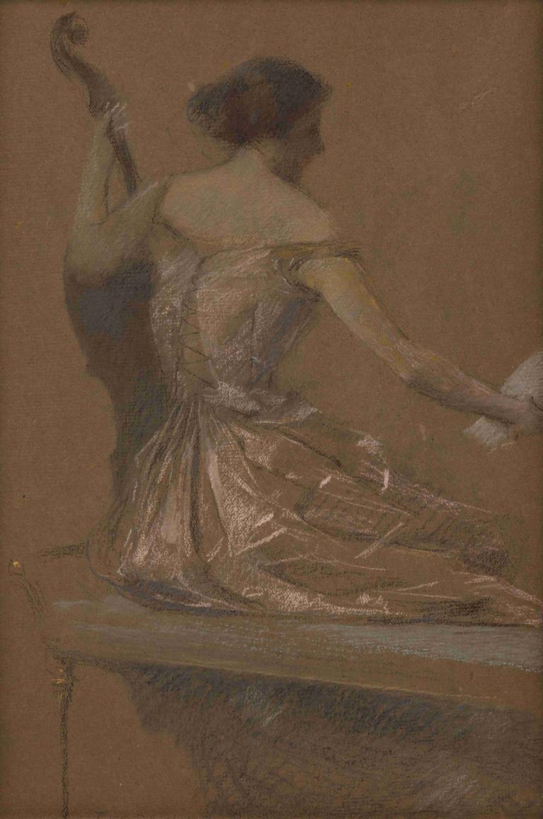 The Musician,Thomas Wilmer Dewing,Oil Painting,Oil Painting, 1girl, dress, solo, short hair, dancing, gloves