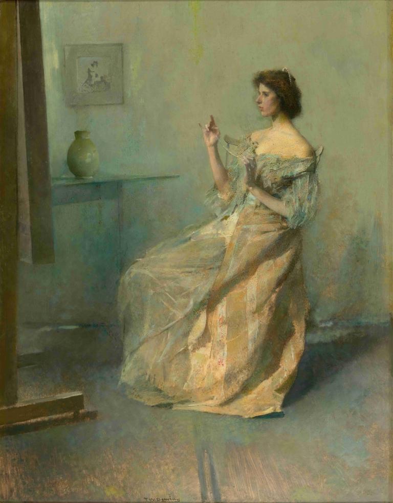 The Necklace,Thomas Wilmer Dewing,Oil Painting,Oil Painting, 1girl, solo, fine art parody, dress, sitting