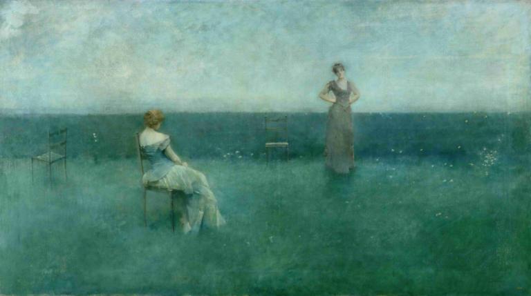 The Recitation,Thomas Wilmer Dewing,Oil Painting,Oil Painting, dress, sitting, chair, 2girls, 1boy