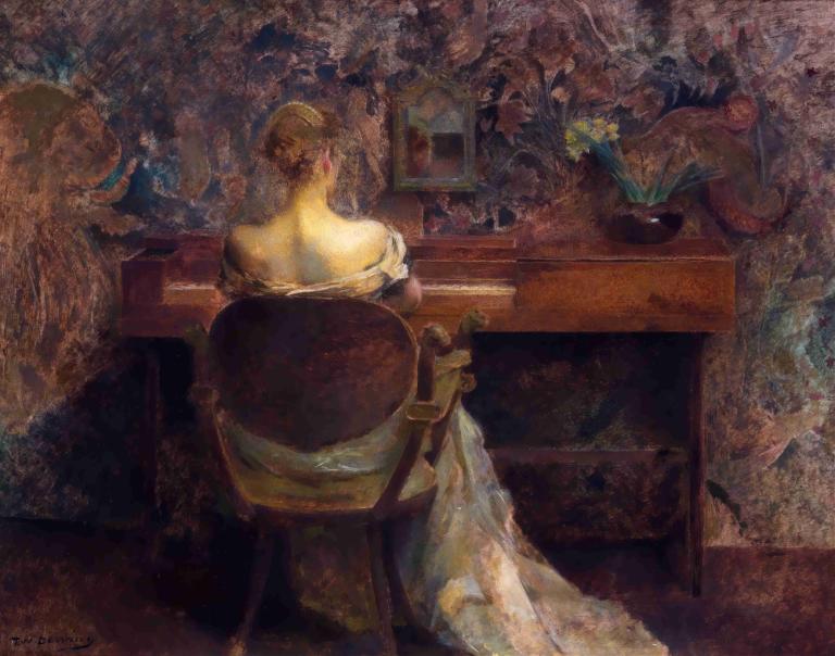 The Spinet,Het spinet,Thomas Wilmer Dewing,Olieverf,Olieverf, parodie op beeldende kunst, solo, blond haar