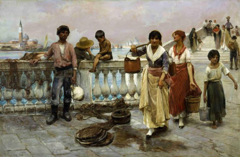 Water Carriers, Venice,Thomas Wilmer Dewing,Oil Painting,Oil Painting, multiple boys, hat, multiple girls