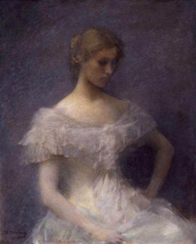 Young Girl Seated,Mlado dekle sedi,Thomas Wilmer Dewing,Oljna slika,Oljna slika, 1 dekle, solo, obleka