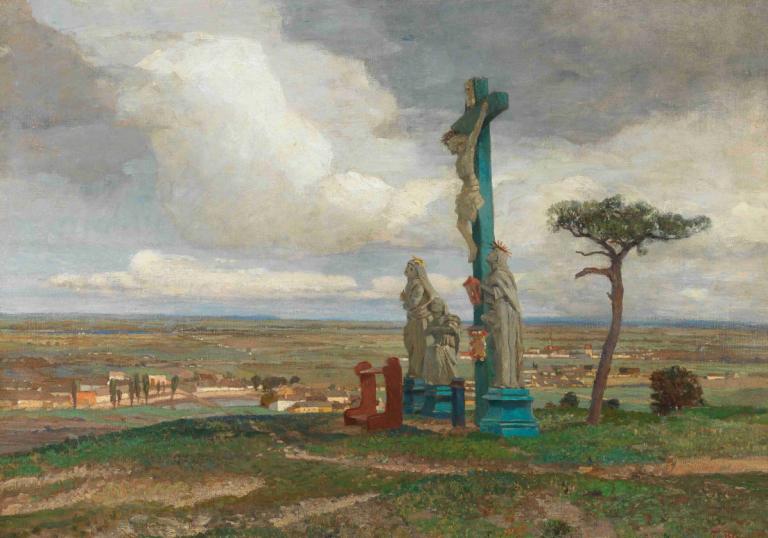 A Calvary group on the Hochberg near Perchtoldsdorf,佩尔希托尔德斯多夫附近霍赫贝格的髑髅地小组,Tina Blau,蒂娜-布劳,油画,油画, 户外, 风景, 树, 云