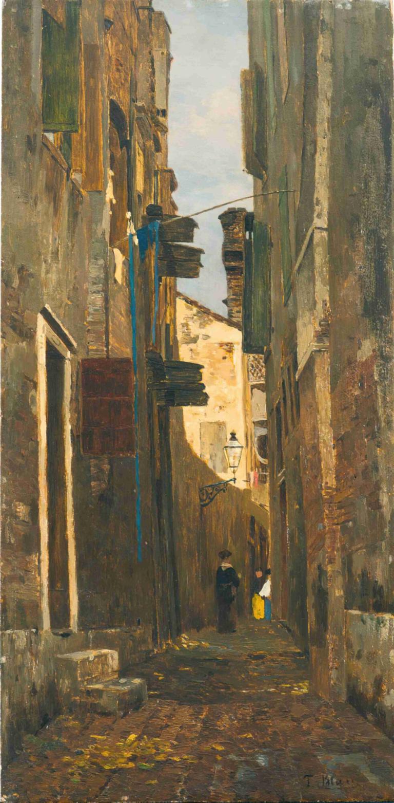 A Lane In Italy,Tina Blau,Oil Painting,Oil Painting, outdoors, scenery, day, building, sky, 1girl, alley