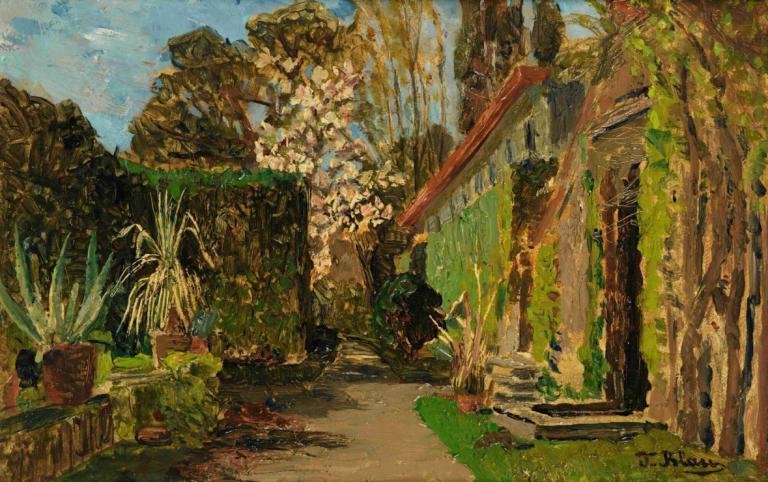 A Mediterranean Garden,Tina Blau,Oil Painting,Oil Painting, plant, outdoors, scenery, no humans, sky, day