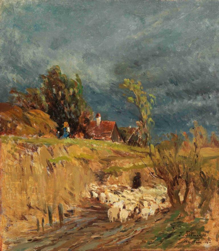 A brewing storm over Haslau,Ein sich zusammenbrauender Sturm über Haslau,Tina Blau,Ölgemälde,Ölgemälde