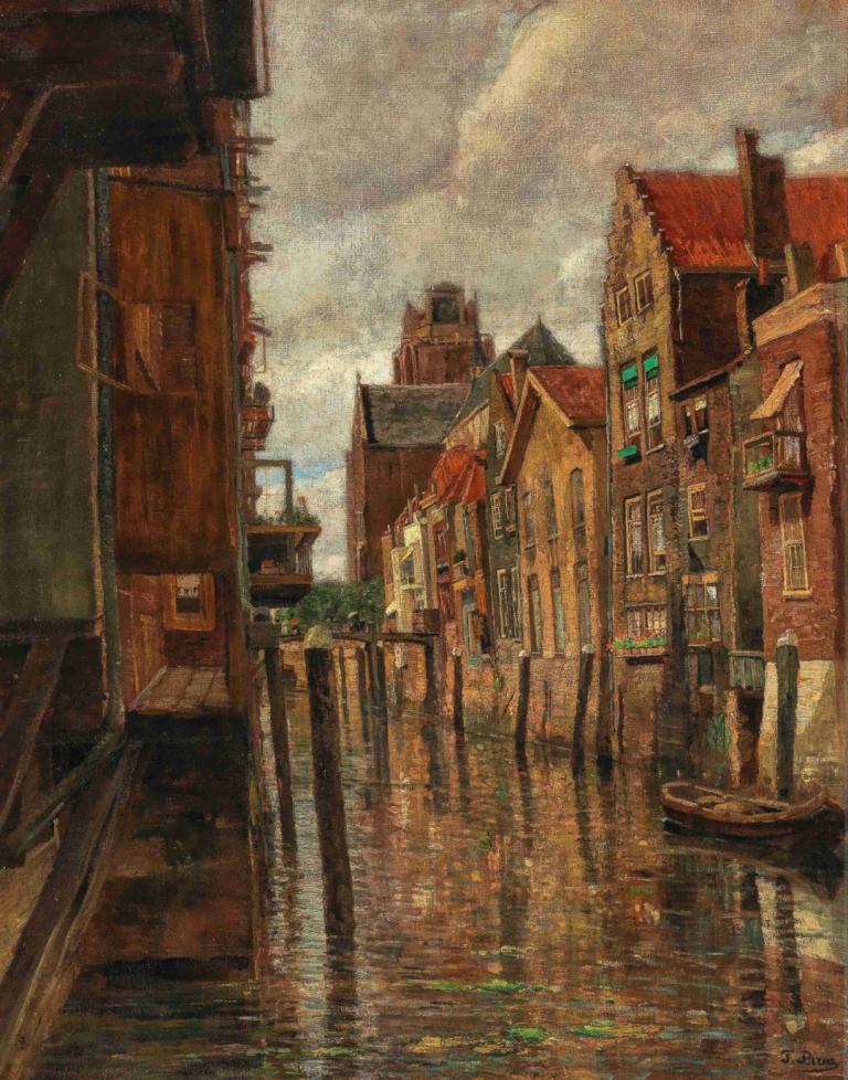 A canal in Dordrecht,Tina Blau,Oil Painting,Oil Painting, scenery, no humans, traditional media, sky, cloud