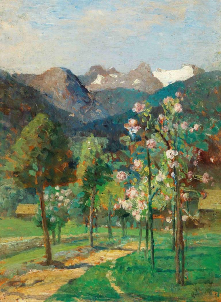 Altaussee,Tina Blau,Oil Painting,Oil Painting, outdoors, no humans, flower, scenery, sky, day, cloud