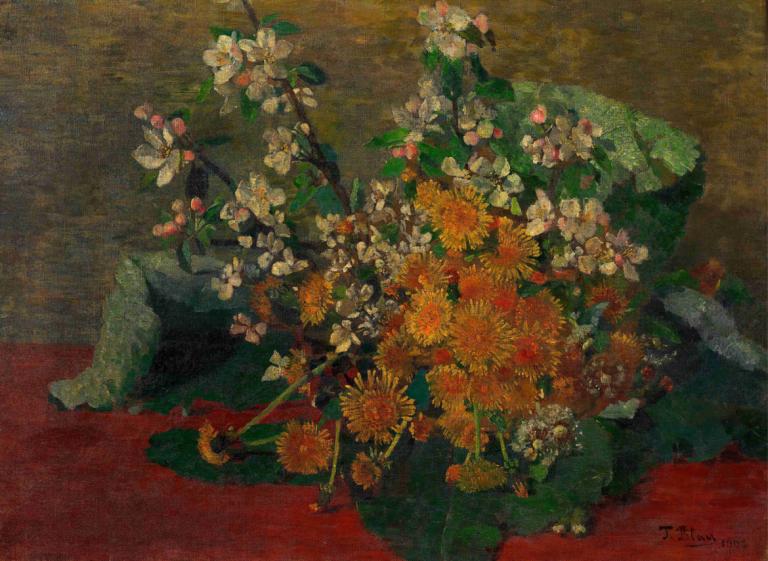 Blumenstück (Löwenzahn und Apfelblüten),Tina Blau,Ölgemälde,Ölgemälde, Blume, keine Menschen, Sonnenblume