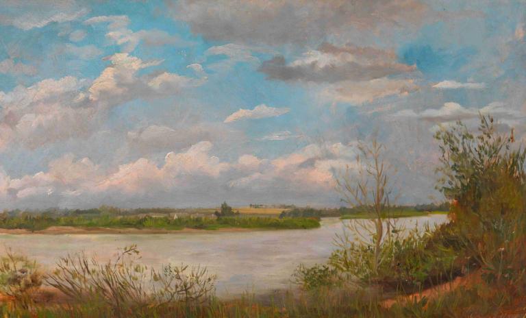 Donaulandschaft,Tina Blau,Ölgemälde,Ölgemälde, Landschaft, draußen, Wolke, Himmel, keine Menschen, Baum, Gras