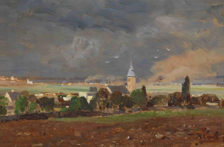 Dorflandschaft vor dem Unwetter,Tina Blau,Oil Painting,Oil Painting, scenery, outdoors, cloud, no humans, sky