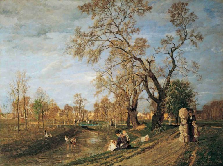 Frühling im Prater,Tina Blau,Ölgemälde,Ölgemälde, Baum, Landschaft, draußen, Himmel, Wolke, Hund