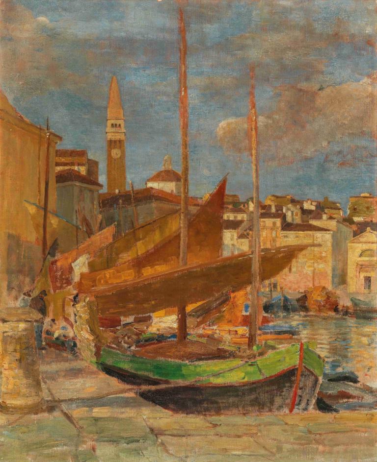 In the Harbour of Pirano,Tina Blau,Oil Painting,Oil Painting, no humans, scenery, traditional media, sky