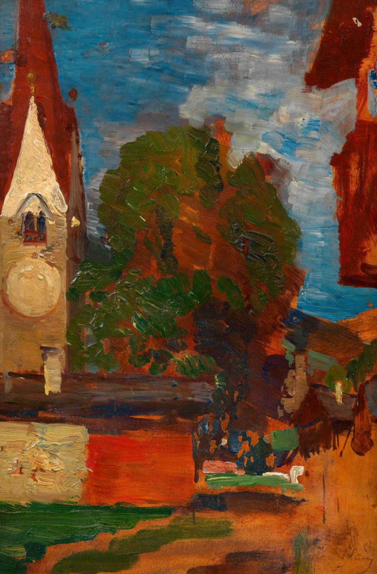 Kirche in Taufers (Dorfplatz),Tina Blau,Oil Painting,Oil Painting, outdoors, scenery, sky, cloud, tree, day