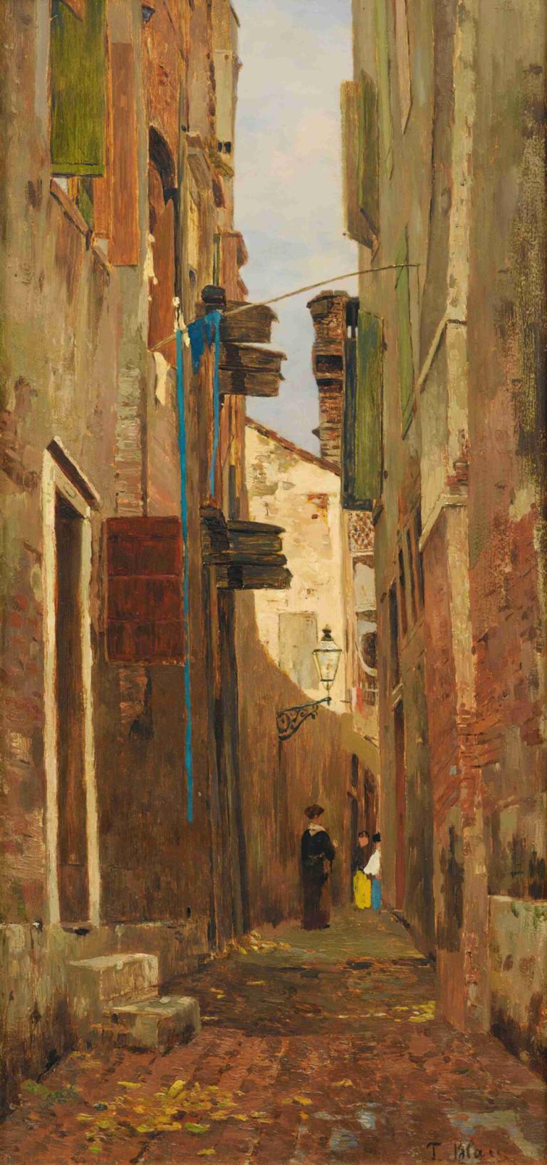 Street In Italy,Tina Blau,Olieverf,Olieverf, buitenshuis, landschap, gebouw, dag, lucht, 1meisje, stad