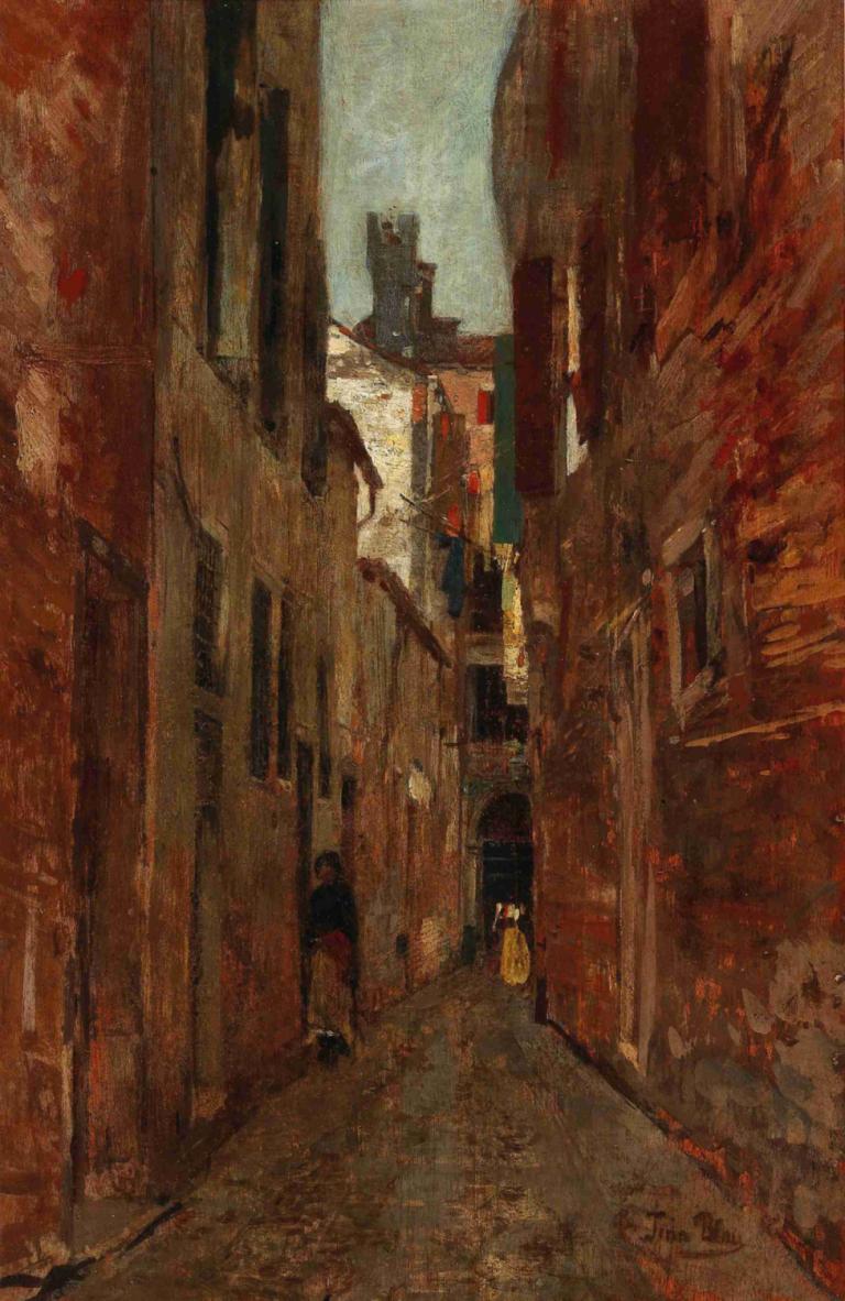 Street scene in Venice,Straatbeeld in Venetië,Tina Blau,Olieverf,Olieverf, buitenshuis, landschap, gebouw