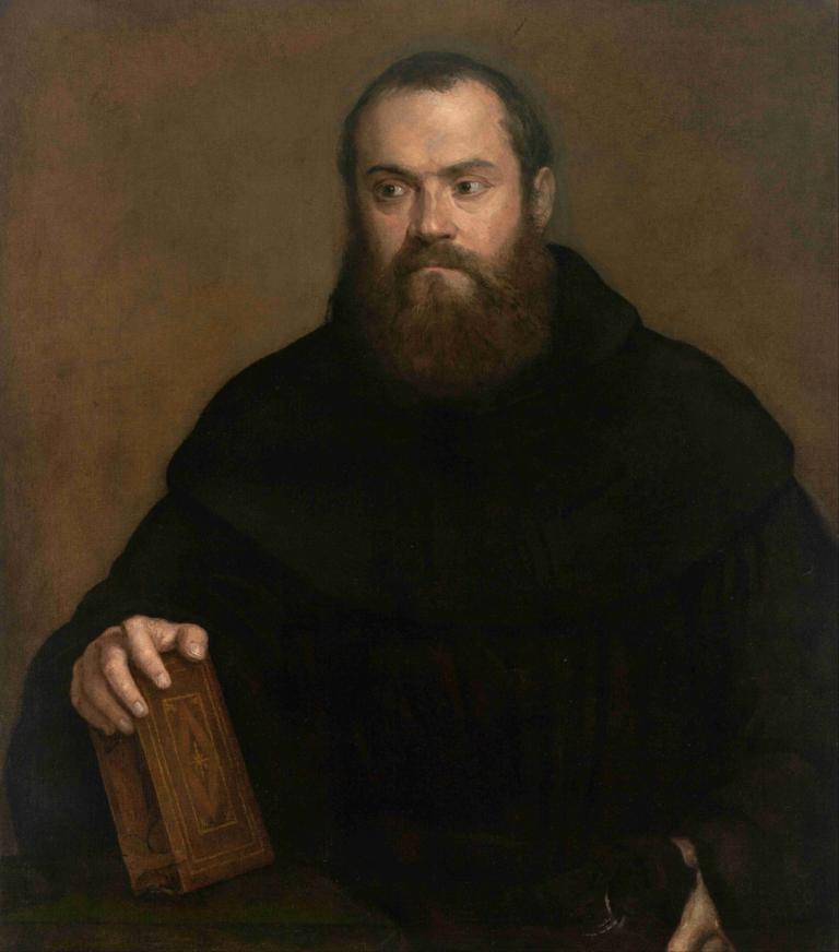 A monk with a book,Titian,Oil Painting,Oil Painting, 1boy, male focus, solo, facial hair, beard, book