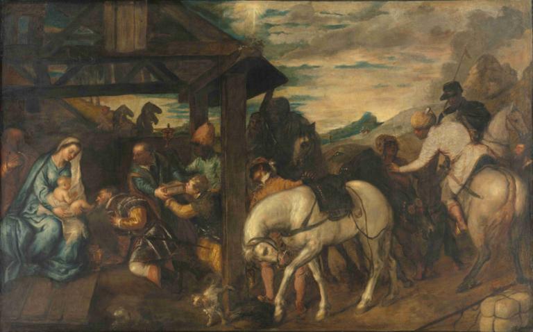 Adoration of the Magi,Tilbedelse af Magi,Titian,Tizian,Oliemaleri,Oliemaleri, hest, kunstparodi, flere drenge