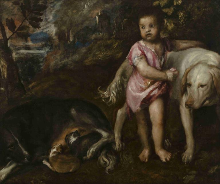 Boy with Dogs in a Landscape,Dreng med hunde i et landskab,Titian,Tizian,Oliemaleri,Oliemaleri, kunstparodi