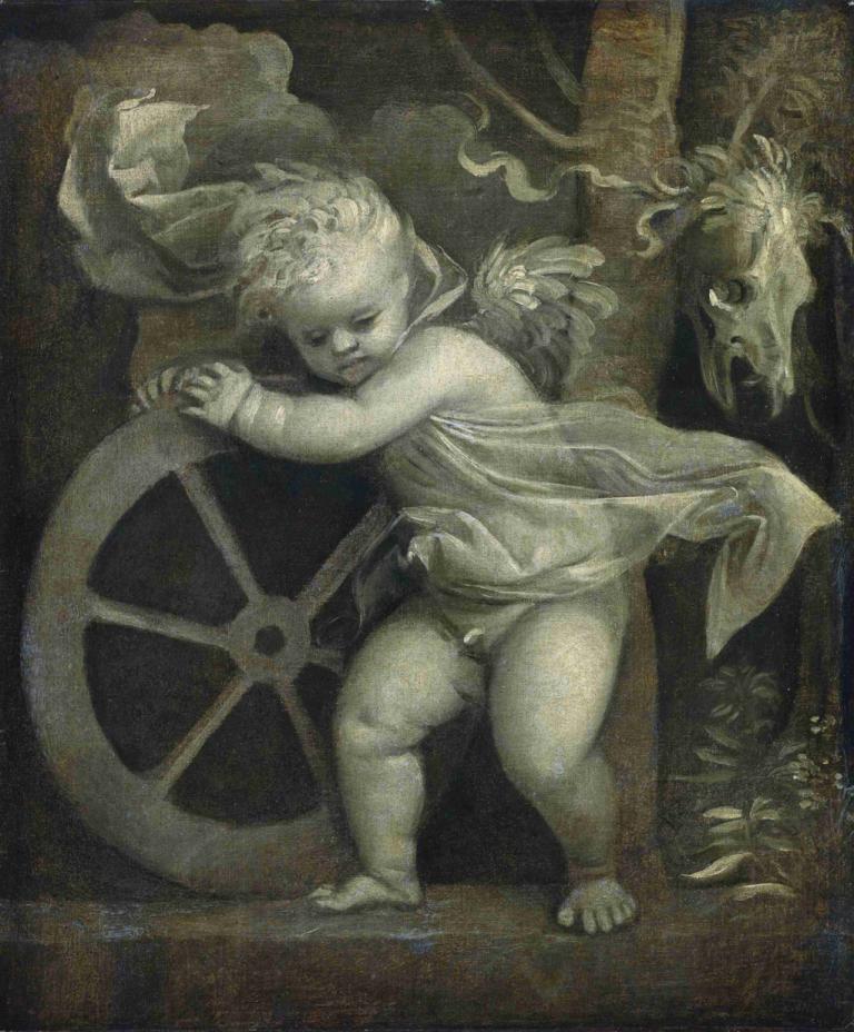 Cupid With The Wheel of Time,Titian,Oil Painting,Oil Painting, fine art parody, 1boy, solo, monochrome