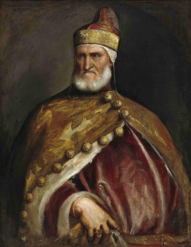 Doge Andrea Gritti,ドージェ・アンドレア・グリッティ,Titian,ティツィアーノ,油絵,油絵, 男の子1名, 男性の焦点, ソロ, 顔の毛, あごひげ, 帽子, 白髪, 現実的な, 長袖, 老人