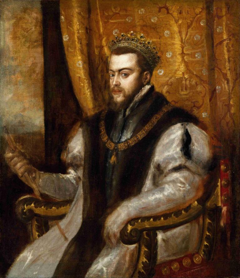 King Philip II of Spain,Titian,Oil Painting,Oil Painting, 1boy, male focus, solo, throne, crown, facial hair