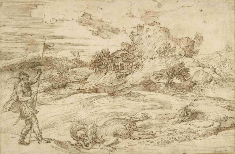 Landscape with St. Theodore Overcoming the Dragon,Titian,Copperplate Etching,Copperplate Etching, monochrome